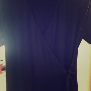 Very long, short sleeve, black wrap dress.
